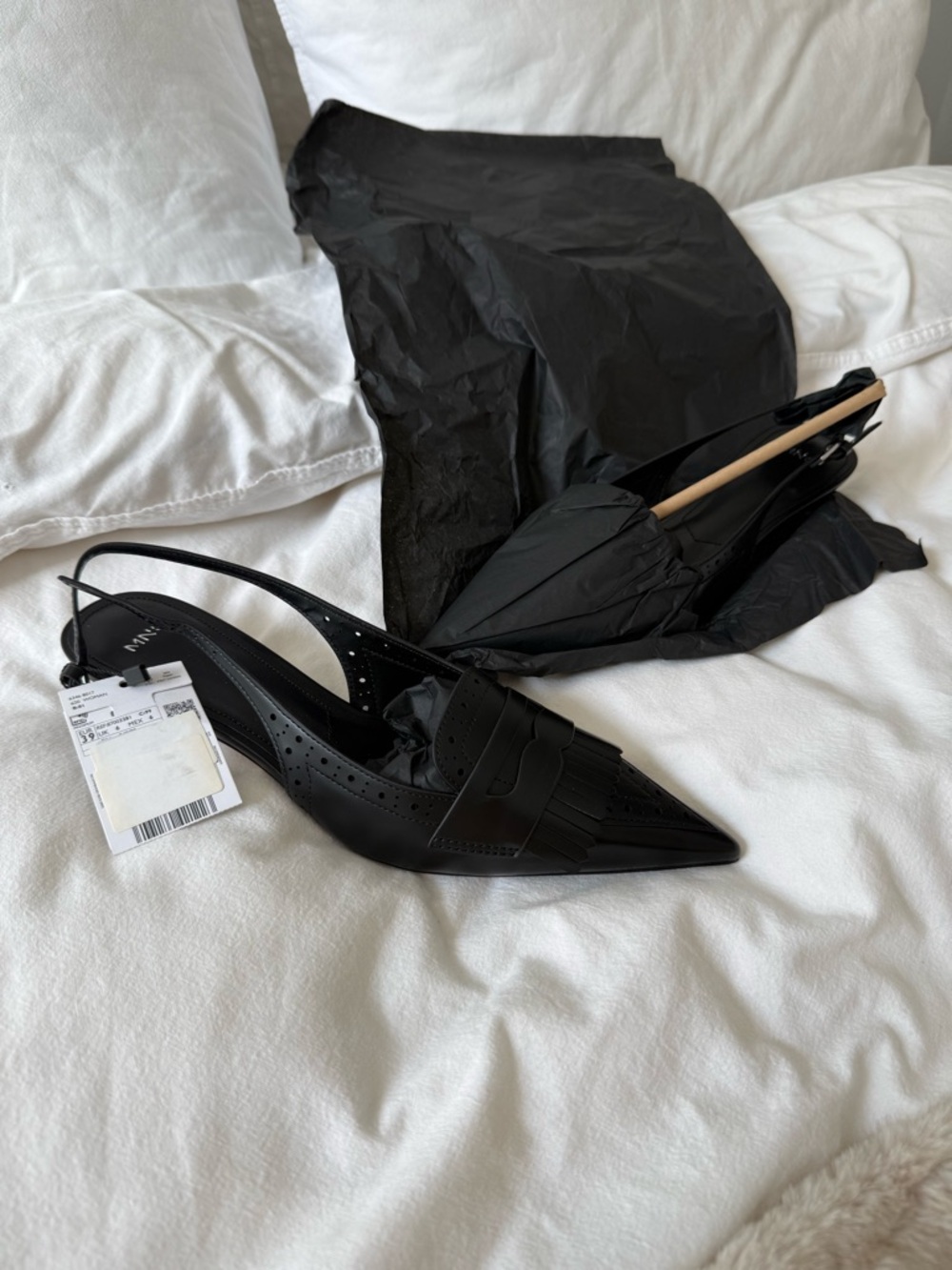 Mango Black Pointed Slingback kitten heel with Fringe Detail